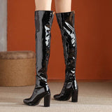 Over the Knee Patent Leather Black Boots - Alamode By Akanksha