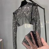 Athena Black Mesh Rhinestone Crop Top - Alamode By Akanksha
