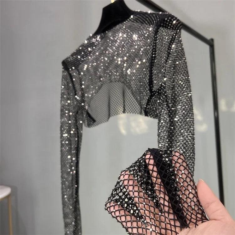 Athena Black Mesh Rhinestone Crop Top - Alamode By Akanksha