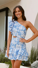 Rumena Floral One Shoulder Dress In Blue