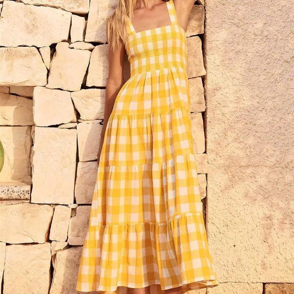 Hobor Gingham Maxi Dress in Yellow - Alamode By Akanksha
