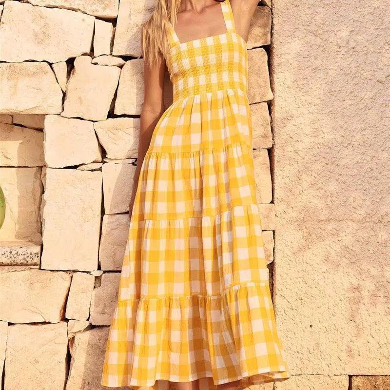 Hobor Gingham Maxi Dress in Yellow - Alamode By Akanksha