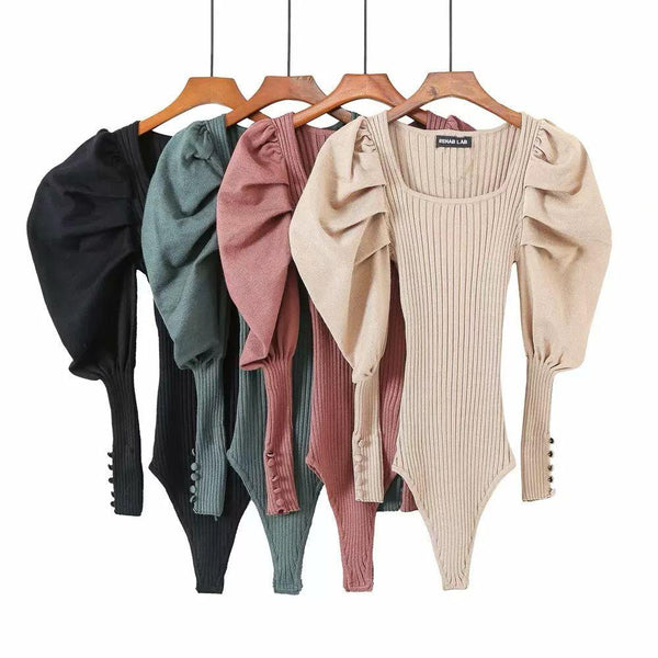 Harriet Ribbed Puffed Sleeve Bodysuit - Alamode By Akanksha