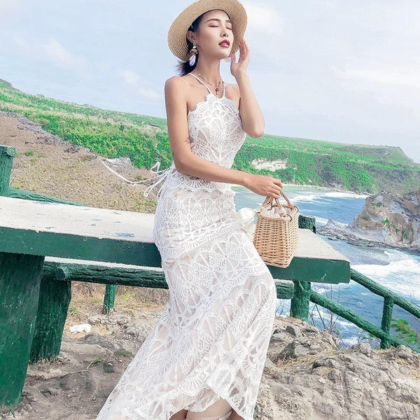 Halterneck Lace Maxi Dress in White - Alamode By Akanksha