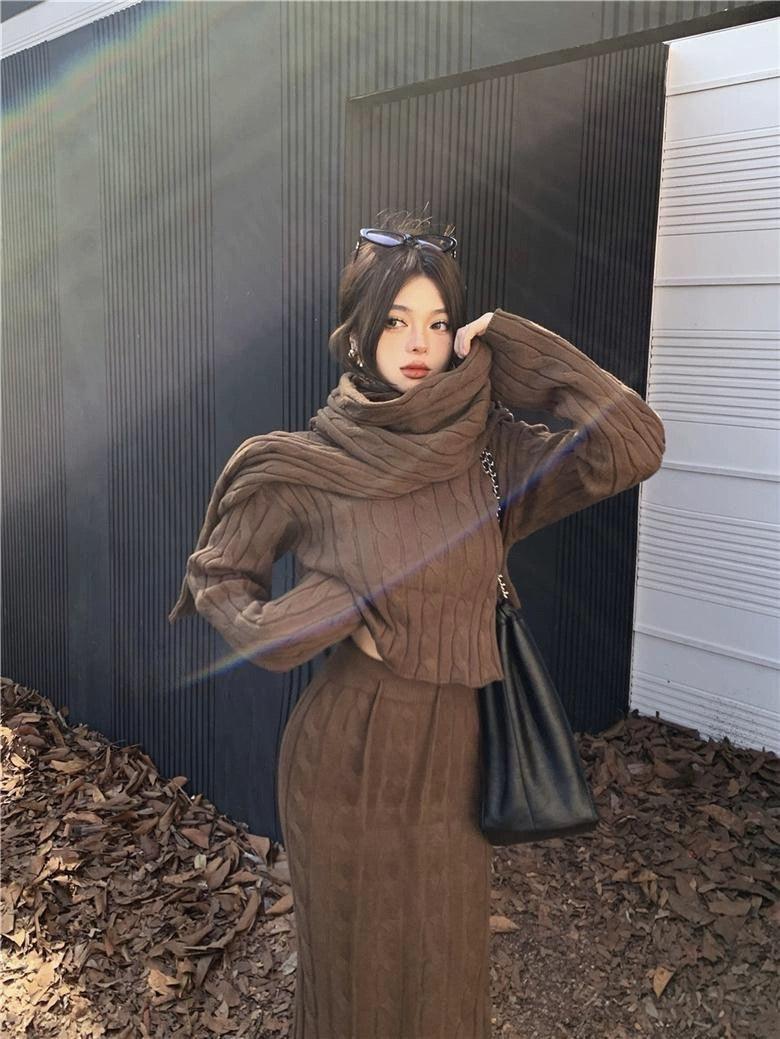 Tokyo Knitted 3PC Coord Set With Scarf- Luxe Collection - Alamode By Akanksha