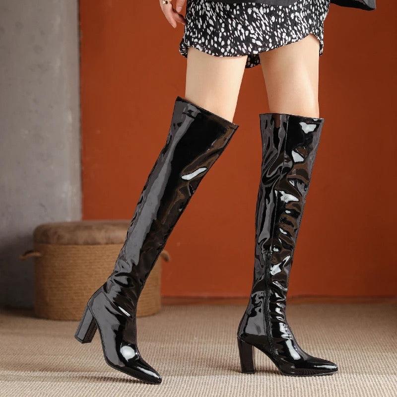 Over the Knee Patent Leather Black Boots - Alamode By Akanksha