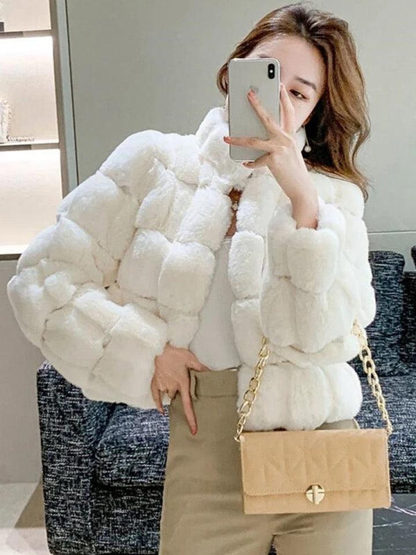 Women's Faux Fur Coat With Hood Beige Premium Outerwear –