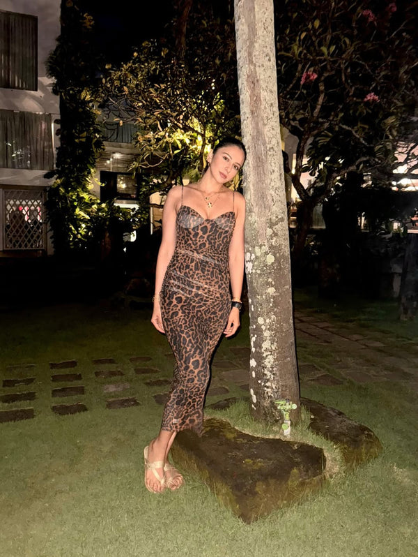 Leopard Print Bodycon Midi Dress In Brown