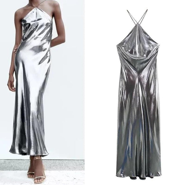 Helen Mettalic Halter Party Midi Dress - Alamode By Akanksha