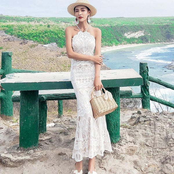 Halterneck Lace Maxi Dress in White - Alamode By Akanksha
