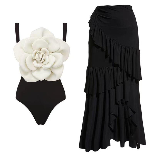 Camellia Rosette Swimsuit with Ruffled Skirt