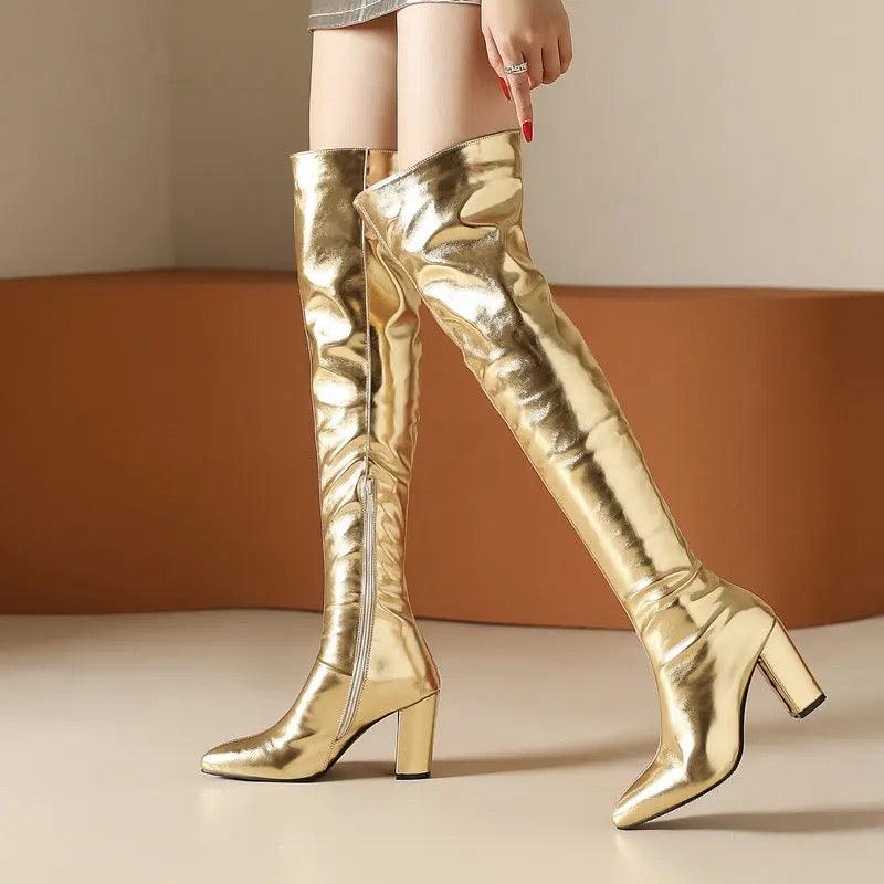 Over the Knee Patent Leather Premium Mettalic Boots - Alamode By Akanksha