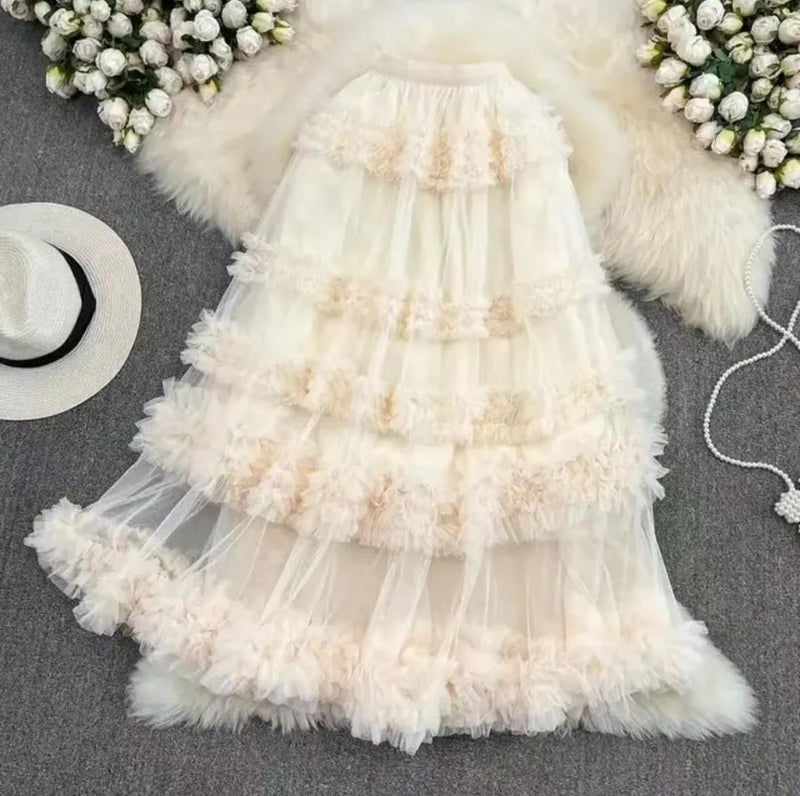 Melody Ruffled Mesh Skirt In Beige