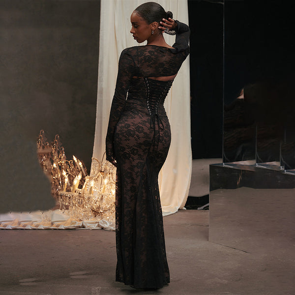 Oree Statement Bodycon Lace Dress In Black