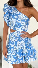 Rumena Floral One Shoulder Dress In Blue