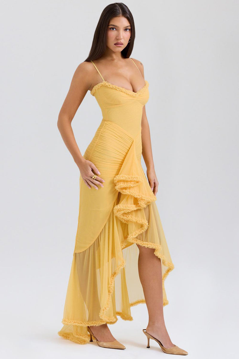 Alana Statement Bodycon Ruffled Dress In Yellow