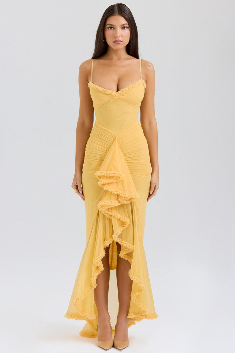 Alana Statement Bodycon Ruffled Dress In Yellow