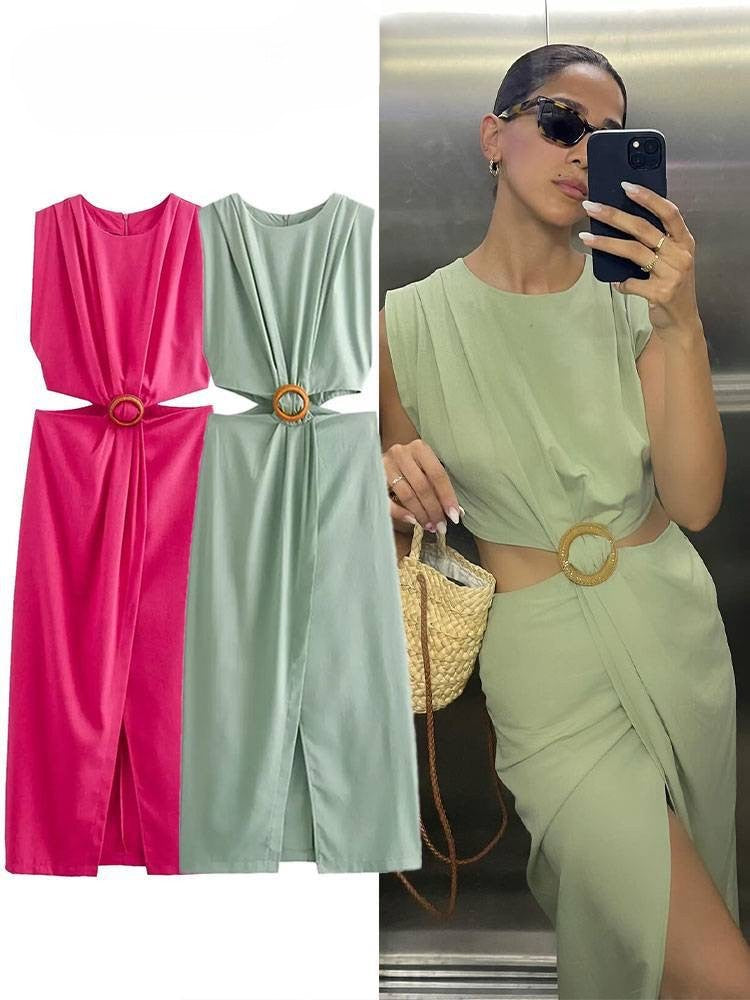 Galina Waist Cut-Out Slit Dress In Pista Green
