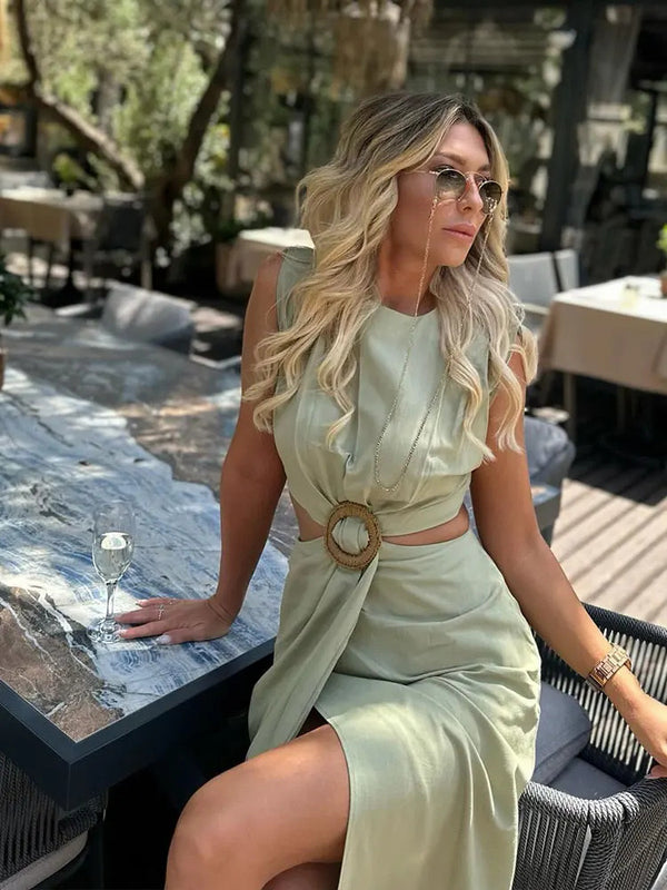 Galina Waist Cut-Out Slit Dress In Pista Green