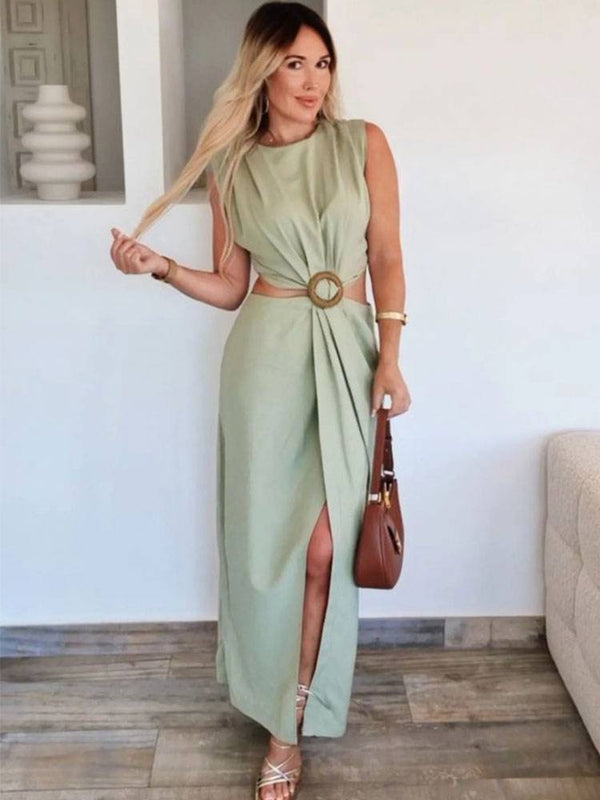 Galina Waist Cut-Out Slit Dress In Pista Green