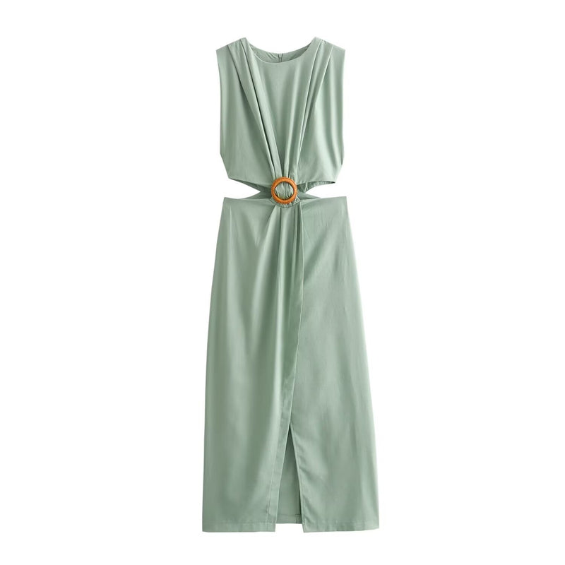 Galina Waist Cut-Out Slit Dress In Pista Green