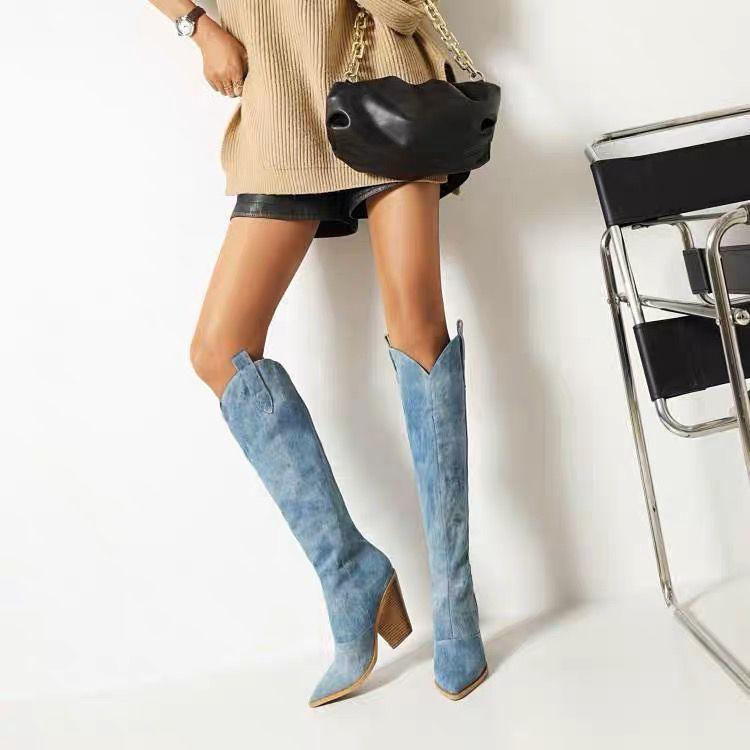 Denim Cowboy Blockheel Boots - Alamode By Akanksha