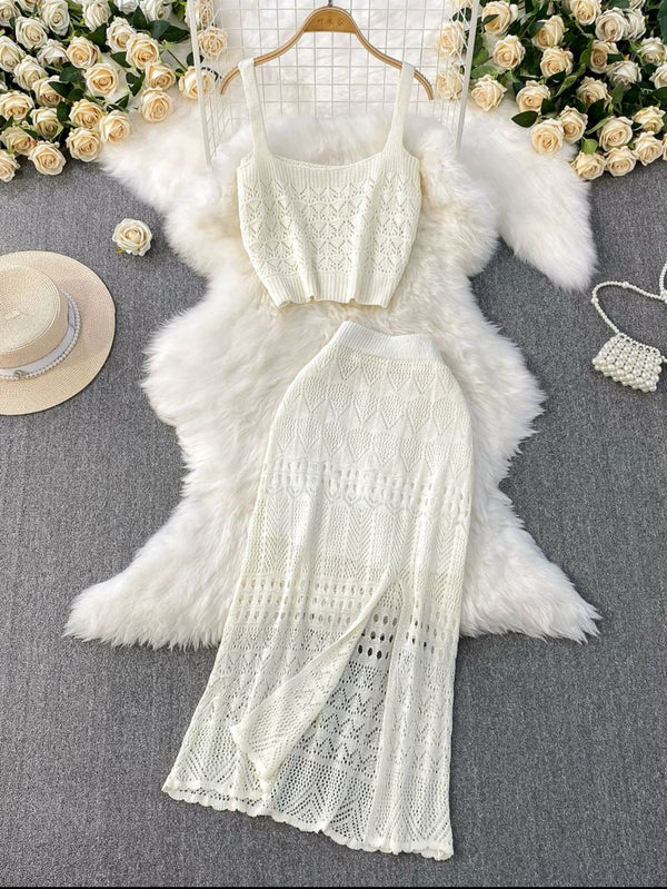 Esme Crochet Coord Set In Beige