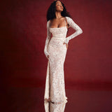 Oree Statement Bodycon Lace Dress In White