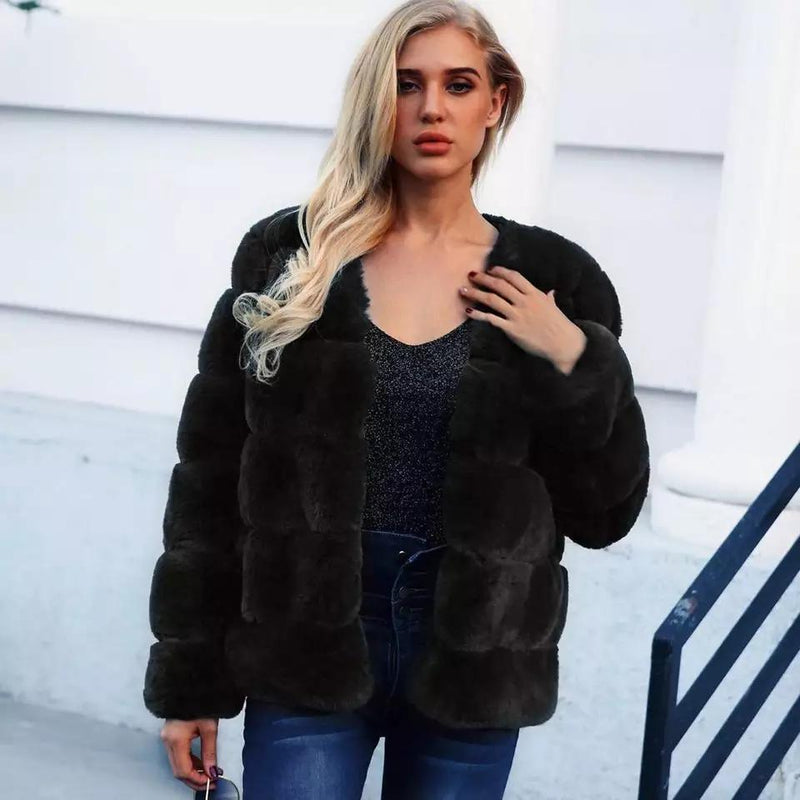 Fashion Women Middle Length Warm Coat Faux Fur Coat PU leather