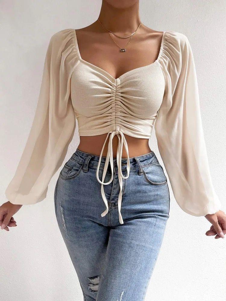 Jenny Drawstring Lantern Sleeve Crop Top - Alamode By Akanksha
