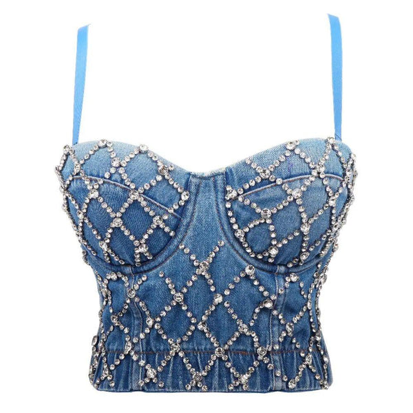 Cassie Embellished denim bustier top in blue - Alamode By Akanksha