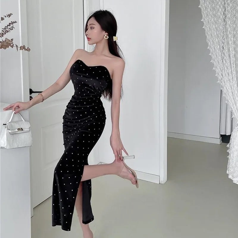 Janette Velvet Detailed Midi Dress in Black - Alamode By Akanksha